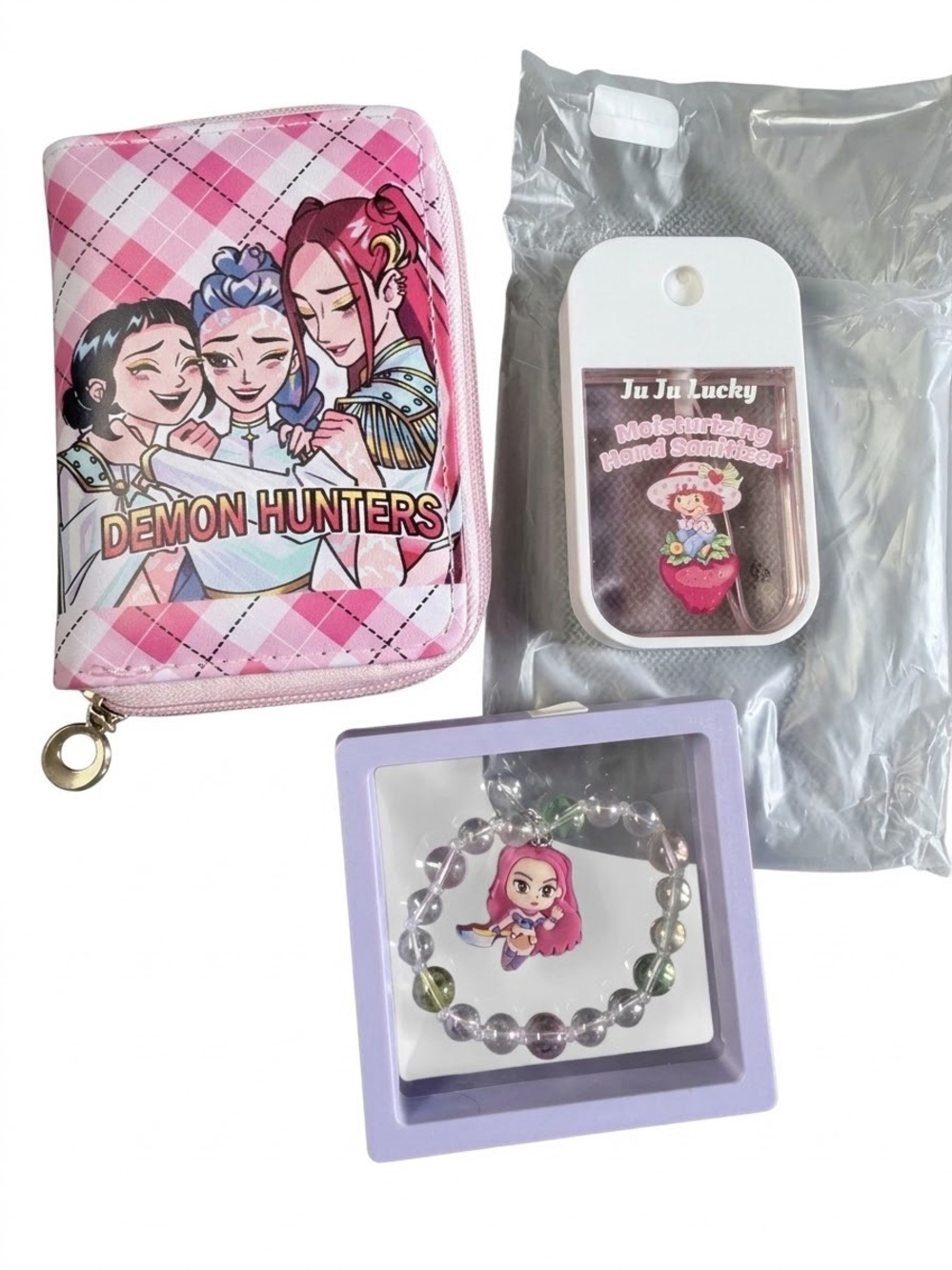 Kids Pink wallet “Demon Hunter Kpop” Charm Bracelet and Hand Sanitizer.